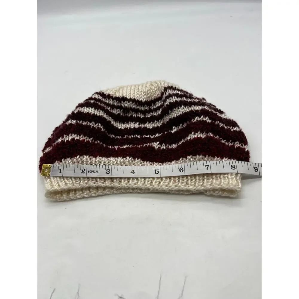 Knit Woven Wide Cream Burgundy Red Stripe Beanie‎ Knit Hat Boho XS